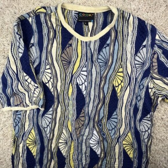 COOGI Australia Knitted Short Sleeve Sweater Large Blue Yellow Mercerized Cotton - Picture 1 of 16